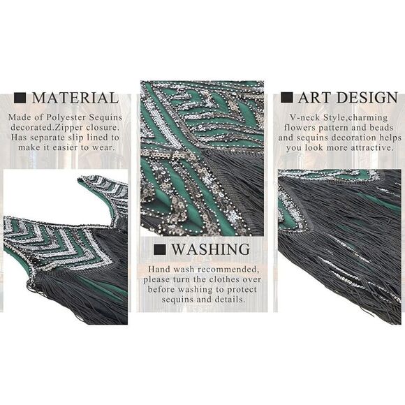 ✨💚 Flapper Great Gatsby 1920s Retro Tassel Fringe Sequin Green Dress XL NEW - Picture 9 of 17